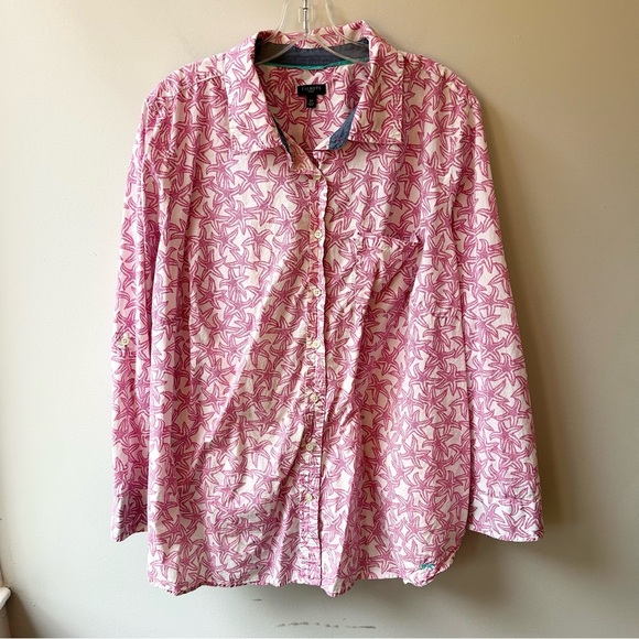 Talbots cotton button down shirt with pink starfish coastal beach print - Picture 1 of 10